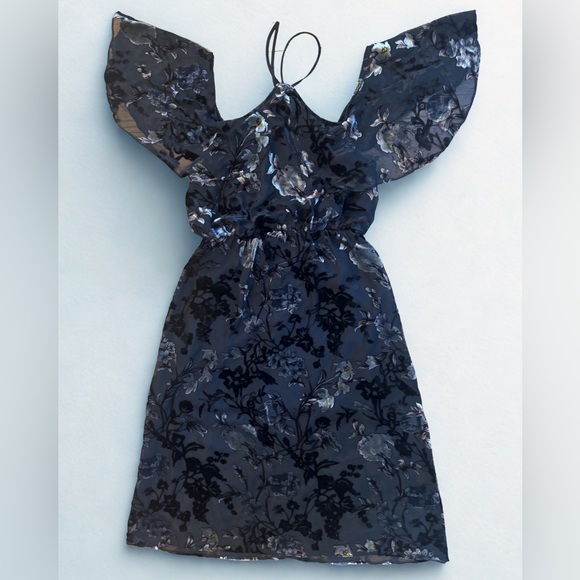 ABS by Allen Schwartz Navy Blue Floral Velvet Burnout Midi Dress Size 10 - Picture 7 of 7